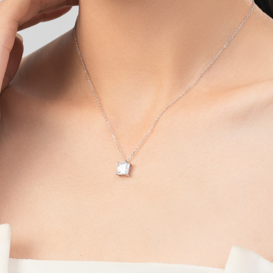 Elegant Square CZ Necklace – Platinum Plated 925 Sterling Silver Fine Jewelry