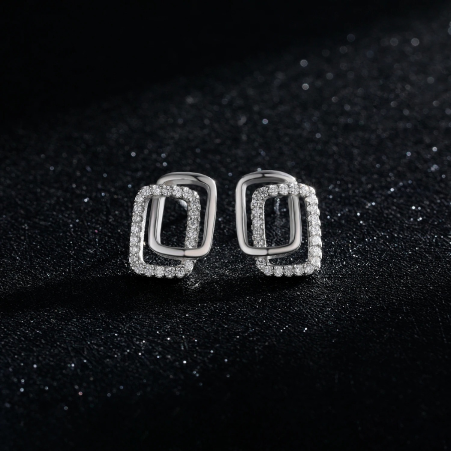 Modern Double Geometric CZ Earrings – 925 Sterling Silver