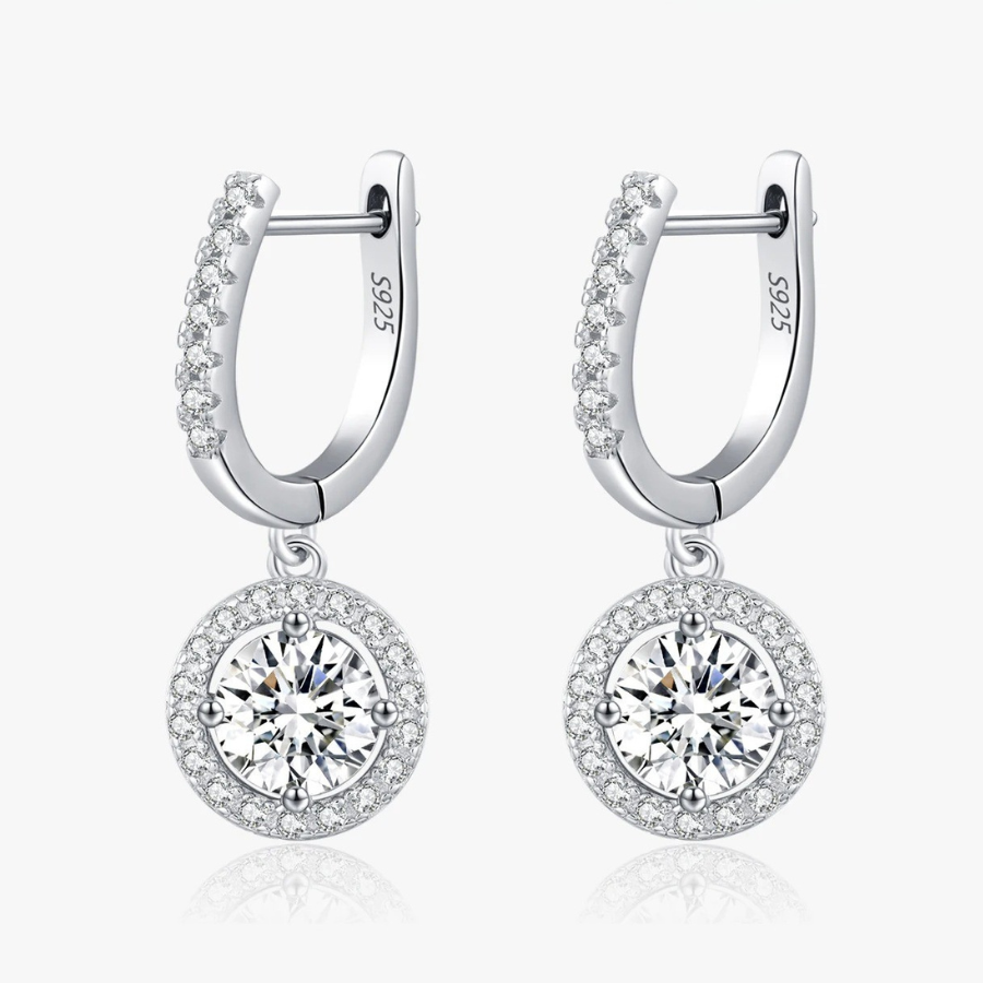 D Color Moissanite Halo Drop Earrings – 925 Sterling Silver