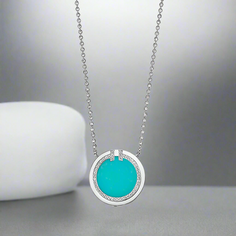 18K Celestial T Diamond & Turquoise Circle Pendant Necklace