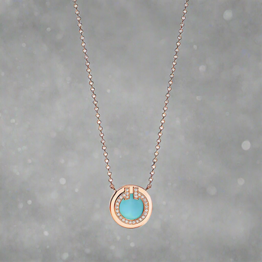 18K Celestial T Diamond & Turquoise Circle Pendant Necklace