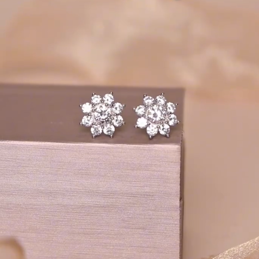 ELVORIA Shella Eight-Petal Flower Moissanite Earrings in 925 Sterling Silver – Platinum Finish