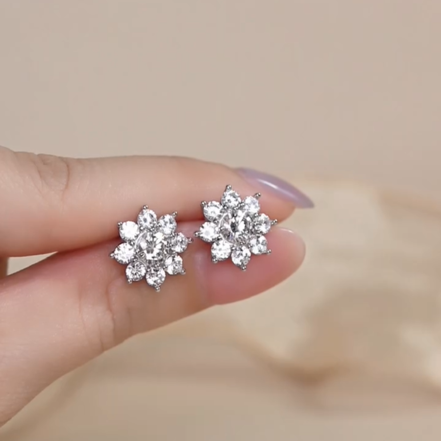 ELVORIA Shella Eight-Petal Flower Moissanite Earrings in 925 Sterling Silver – Platinum Finish