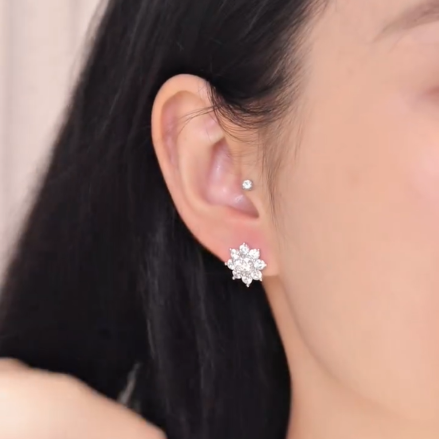 ELVORIA Shella Eight-Petal Flower Moissanite Earrings in 925 Sterling Silver – Platinum Finish
