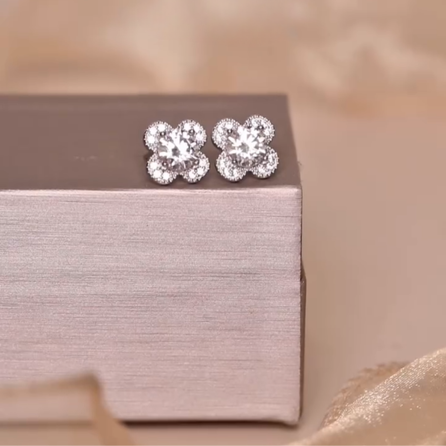 ELVORIA 6.5mm Moissanite Four Leaf Clover Earrings GRA – Platinum Plated 925 Sterling Silver