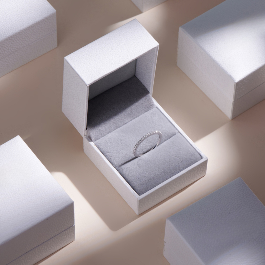 ELVORIA Moissanite Eternity Band Ring GRA ELVDA100 – Platinum Plated 925 Sterling Silver