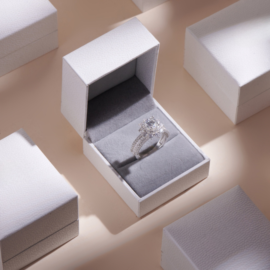 ELVORIA 7mm Moissanite Floral Setting Ring GRA ELVDA04 – Platinum Plated 925 Sterling Silver