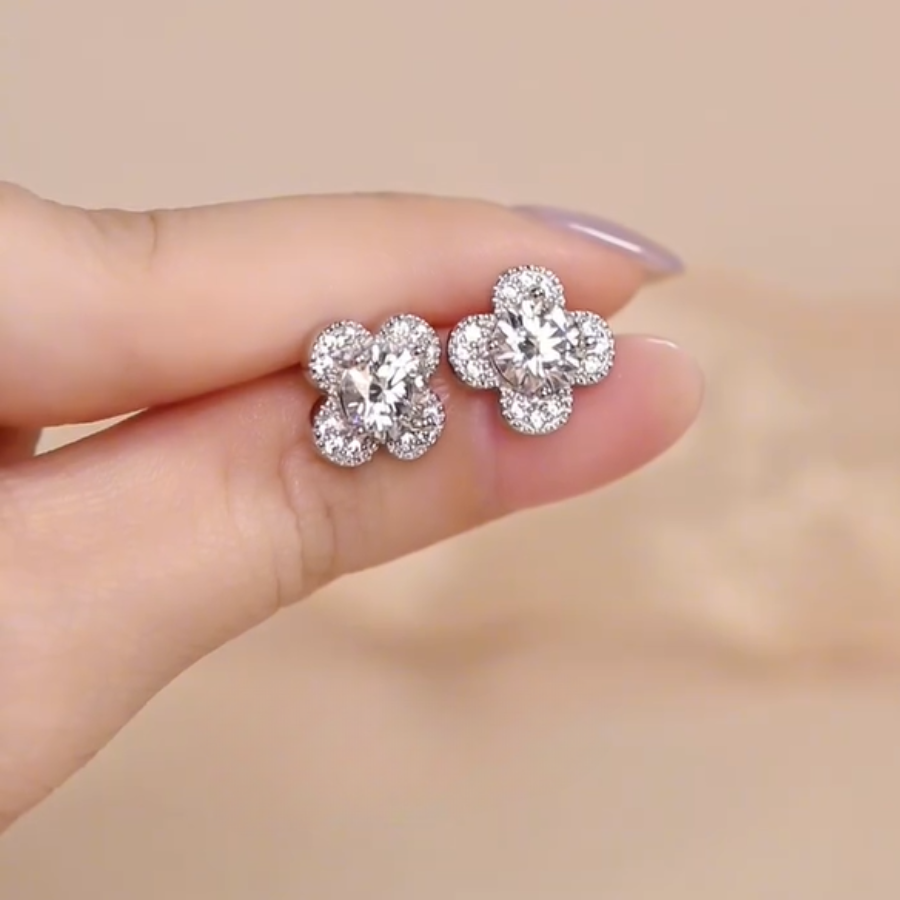 ELVORIA 6.5mm Moissanite Four Leaf Clover Earrings GRA – Platinum Plated 925 Sterling Silver