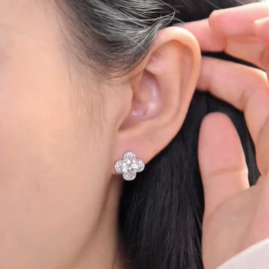 ELVORIA 6.5mm Moissanite Four Leaf Clover Earrings GRA – Platinum Plated 925 Sterling Silver