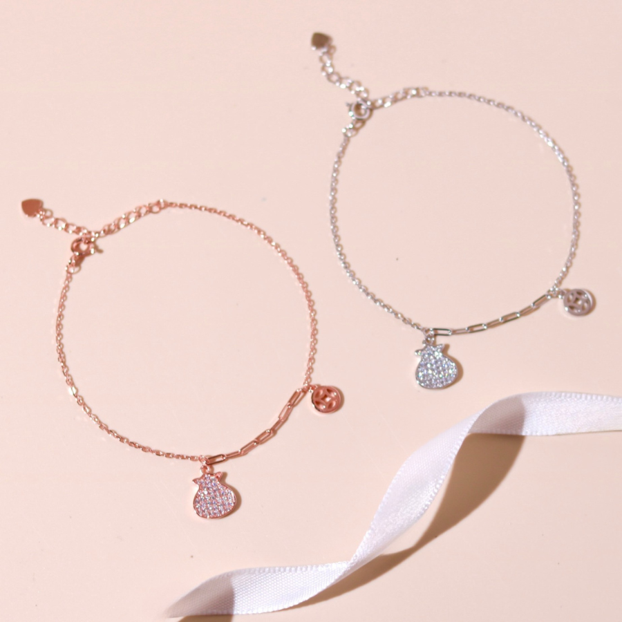 ELVORIA Lucky Coin Pouch Bracelet – Rose Gold & Platinum Plated 925 Sterling Silver