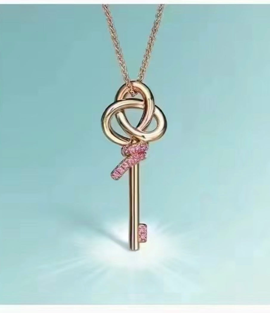 18K Celestial T Keys Woven Pink Diamonds Medium Necklace