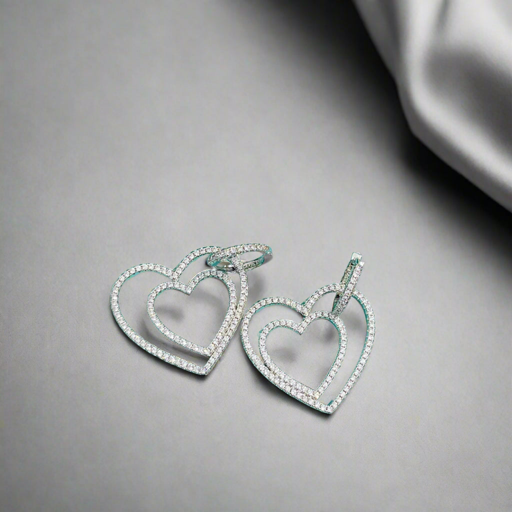 18K Celestial T Double Heart Diamond Earrings