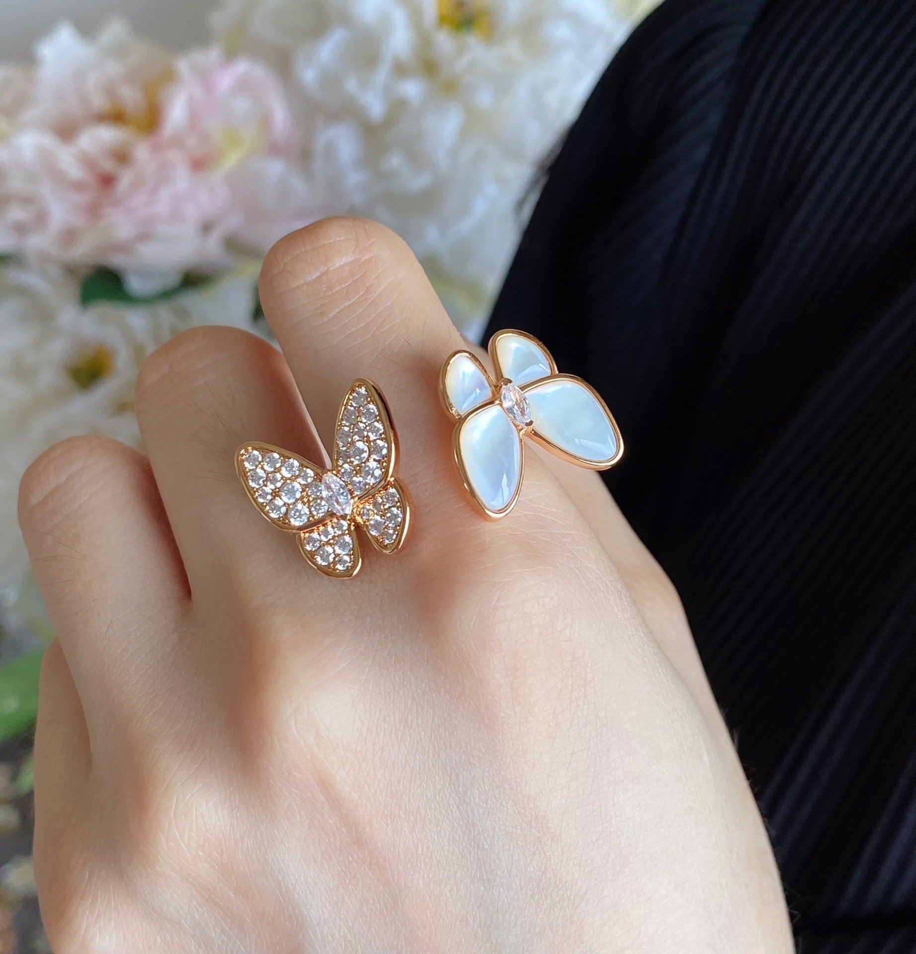 18K Celestial Two Butterfly Between the Finger Pearl Ring