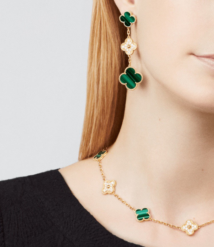 18K Celestial Magic Alhambra Three Malachite Motifs Clover Earrings