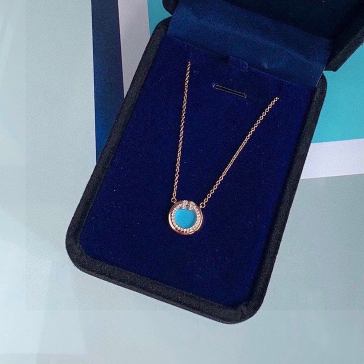 18K Celestial T Diamond & Turquoise Circle Pendant Necklace