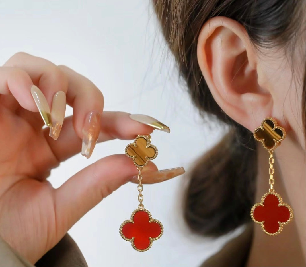 18K Celestial Magic Alhambra Carnelian & Tiger Eye Earrings