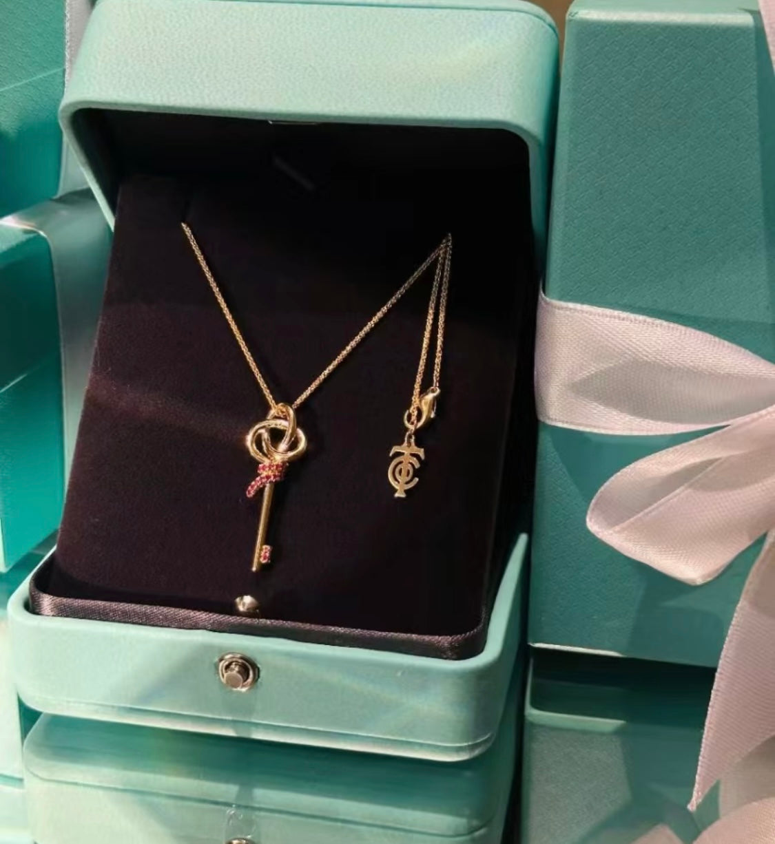 18K Celestial T Keys Woven Pink Diamonds Medium Necklace