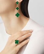 18K Celestial Magic Alhambra Three Malachite Motifs Clover Earrings