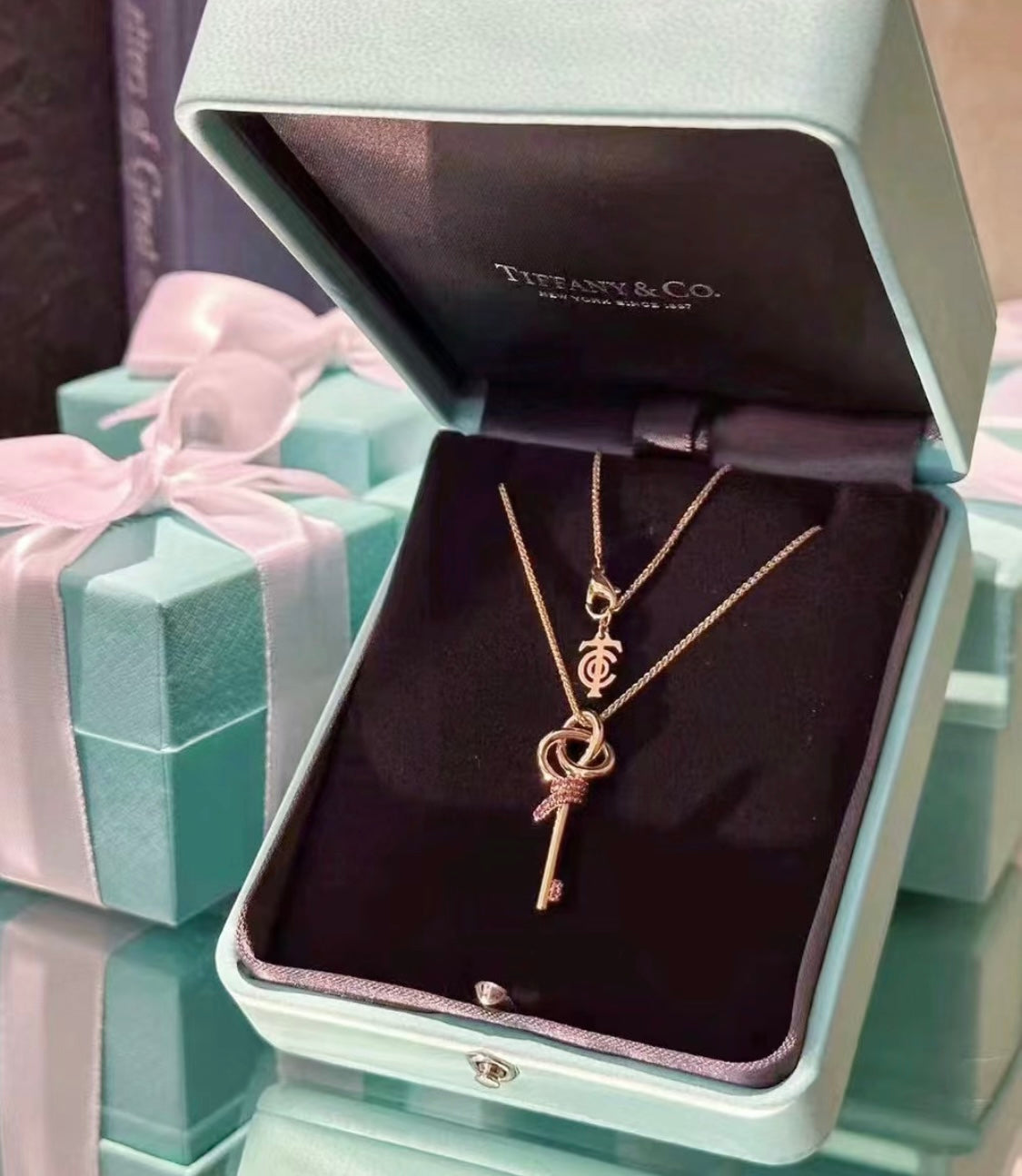 18K Celestial T Keys Woven Pink Diamonds Medium Necklace