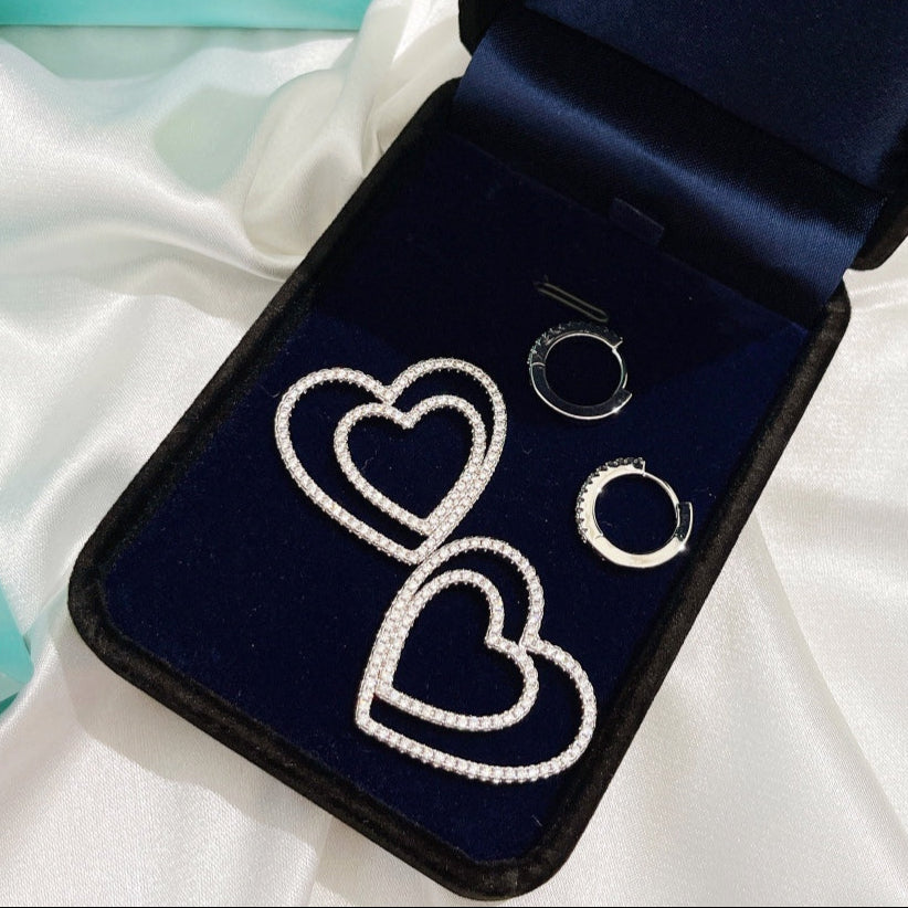 18K Celestial T Double Heart Diamond Earrings