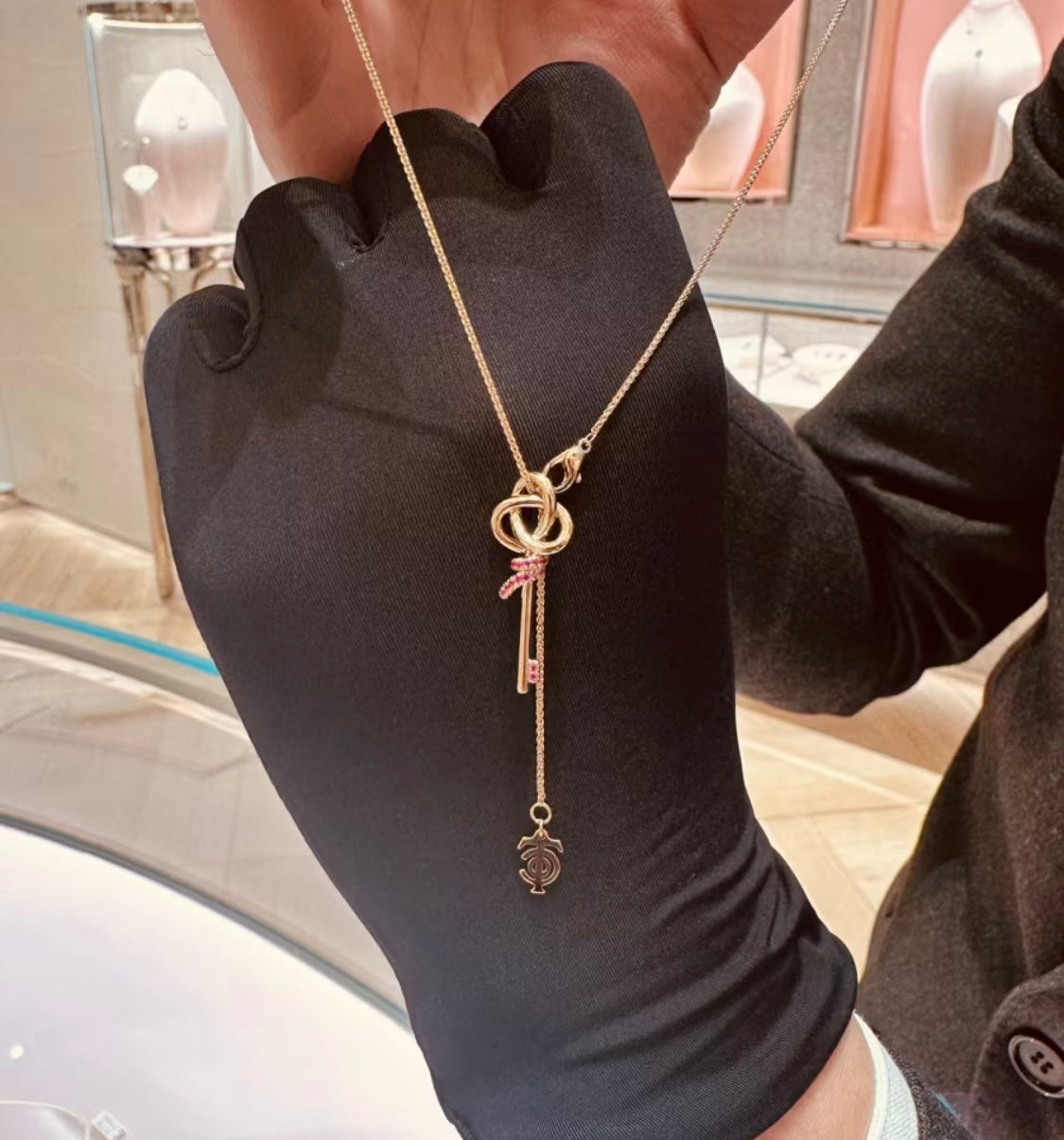 18K Celestial T Keys Woven Pink Diamonds Medium Necklace