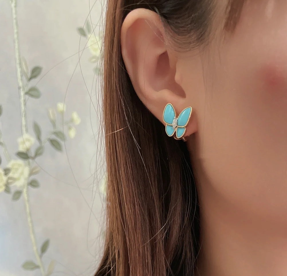 18K Celestial Two Butterfly Turquoise Earrings