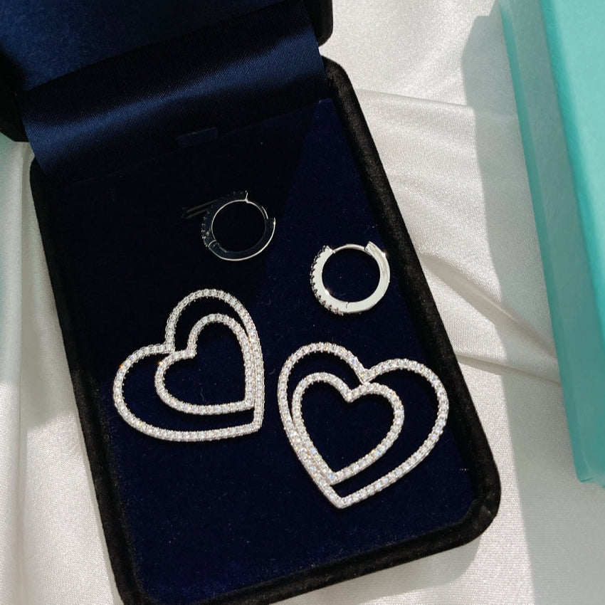 18K Celestial T Double Heart Diamond Earrings