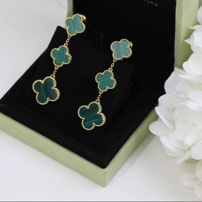 18K Celestial Magic Alhambra Three Malachite Motifs Clover Earrings