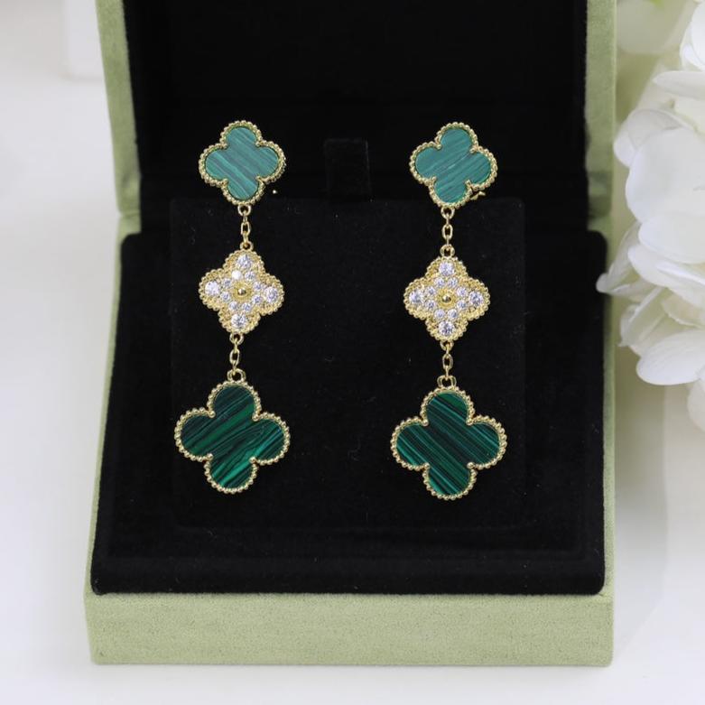 18K Celestial Magic Alhambra Three Malachite Motifs Clover Earrings