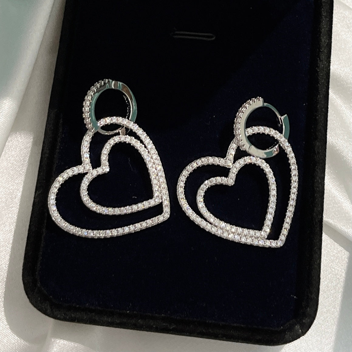 18K Celestial T Double Heart Diamond Earrings