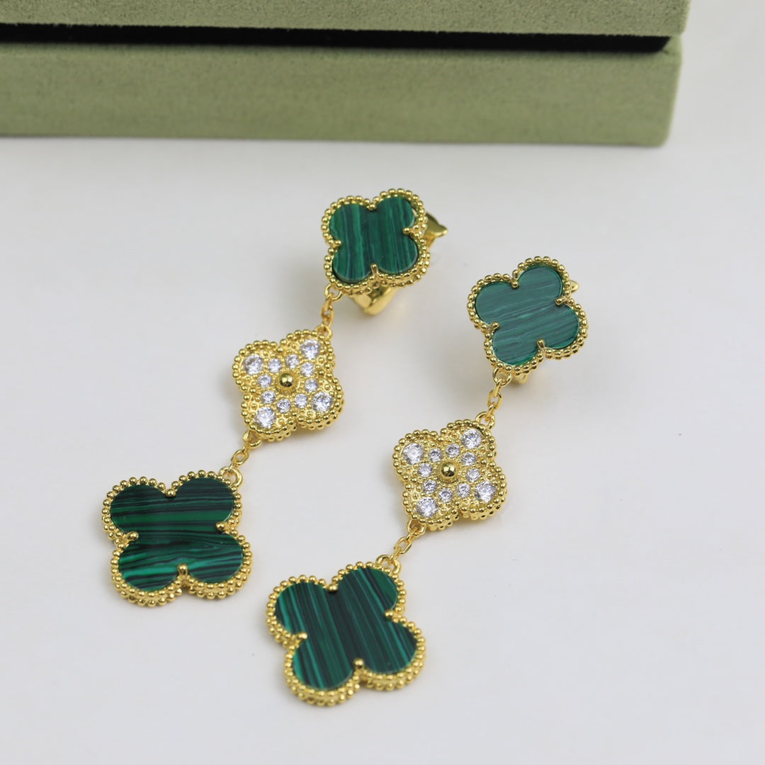 18K Celestial Magic Alhambra Three Malachite Motifs Clover Earrings