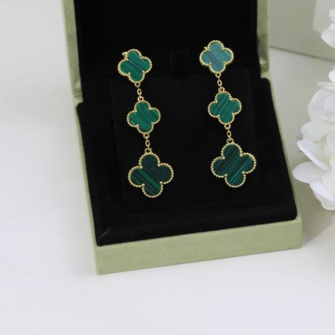 18K Celestial Magic Alhambra Three Malachite Motifs Clover Earrings