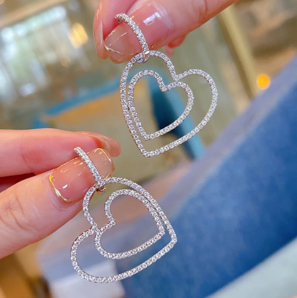 18K Celestial T Double Heart Diamond Earrings