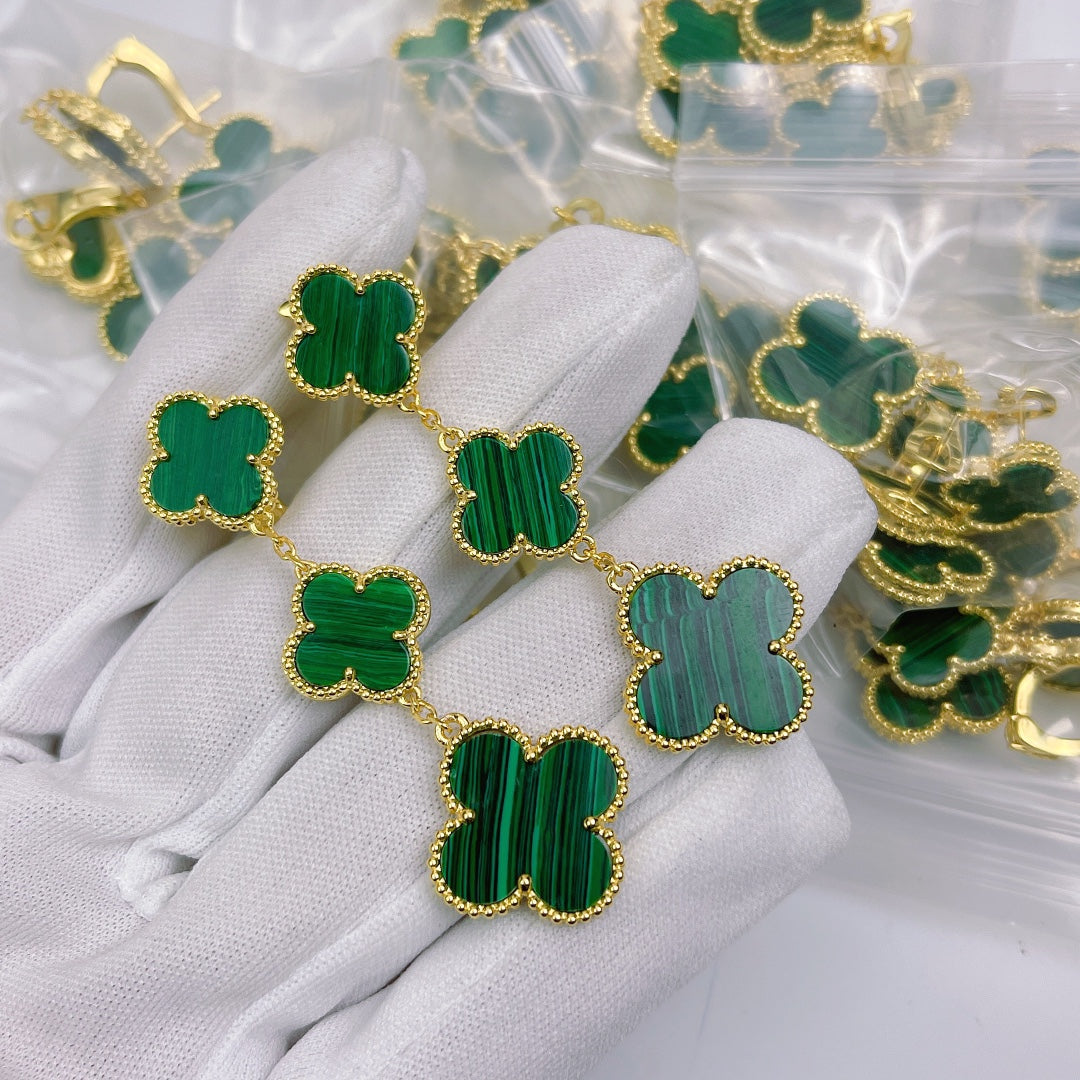 18K Celestial Magic Alhambra Three Malachite Motifs Clover Earrings