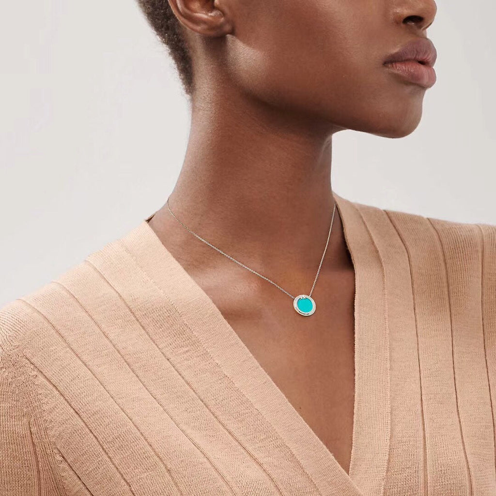 18K Celestial T Diamond & Turquoise Circle Pendant Necklace