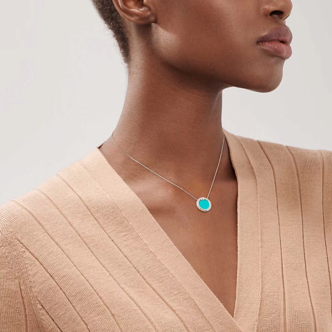 18K Celestial T Diamond & Turquoise Circle Pendant Necklace