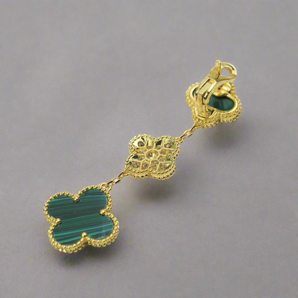 18K Celestial Magic Alhambra Three Malachite Motifs Clover Earrings