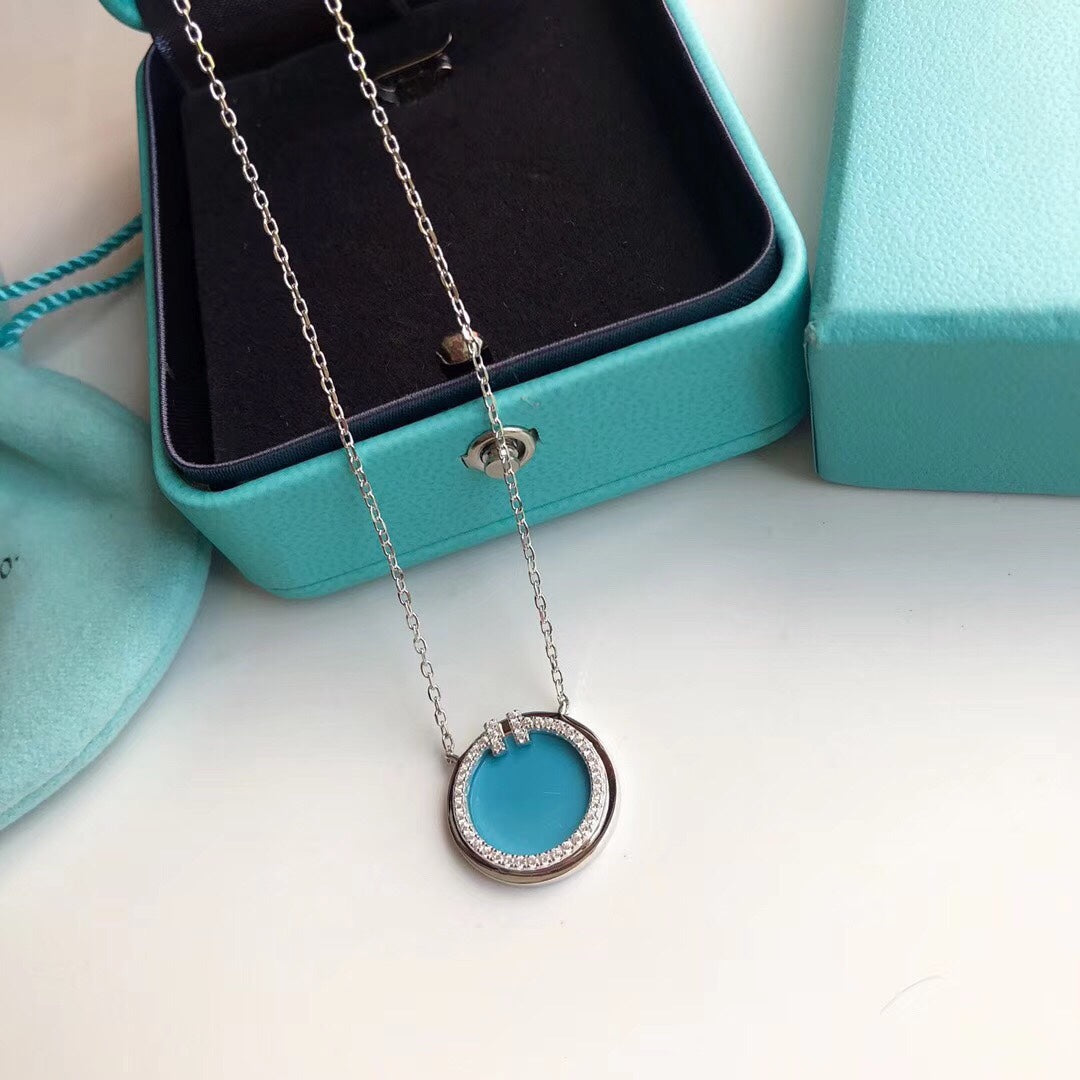 18K Celestial T Diamond & Turquoise Circle Pendant Necklace