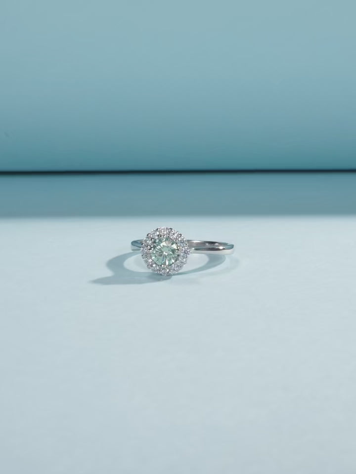 Green Teal Moissanite Halo Ring – 925 Sterling Silver