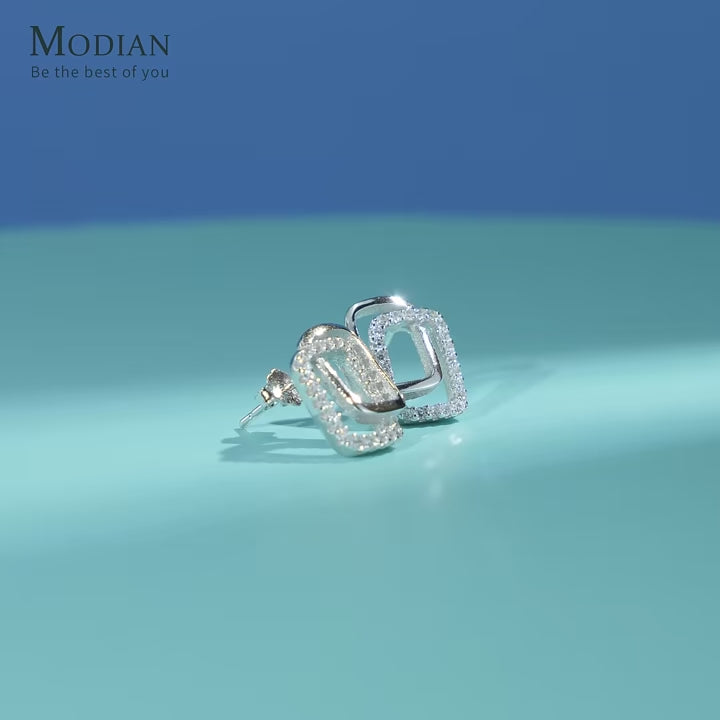 Modern Double Geometric CZ Earrings – 925 Sterling Silver